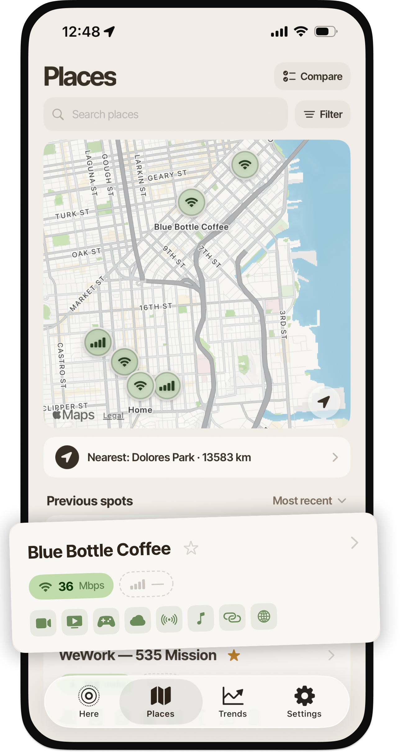 The Places tab showing a map of saved spots in San Francisco with green Wi-Fi and signal pins, plus a Blue Bottle Coffee place card popping out below the phone, displaying 36 Mbps Wi-Fi and the eight activity icons.