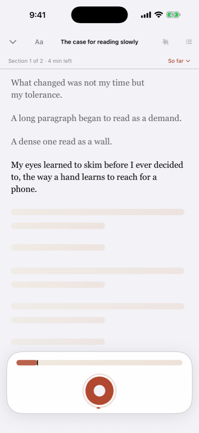 The Kura reader mid-article: three read lines in fading ink above the bold current line, with the rest of the piece veiled as quiet bars below.