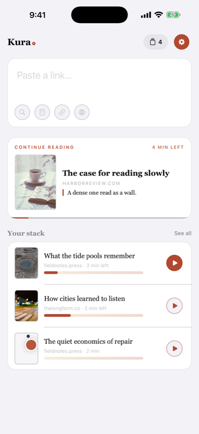 Kura's home screen: a capture field with search, paste, link and translate above the reading stack above the reading stack with cover photos and progress bars.