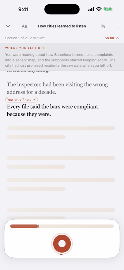 Returning to a half-read article: a 'Where you left off' catch-up card above the exact line the reader stopped on.