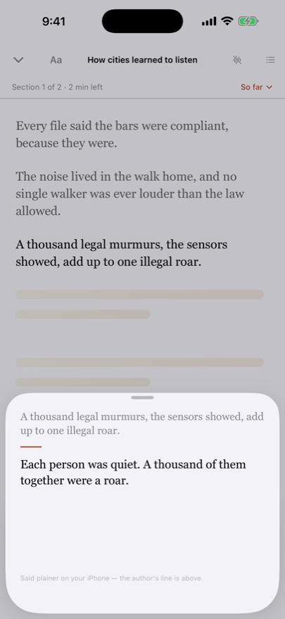 The plainer sheet: the author's line at the top and the plainer version beneath, with the note 'Said plainer on your iPhone — the author's line is above.'