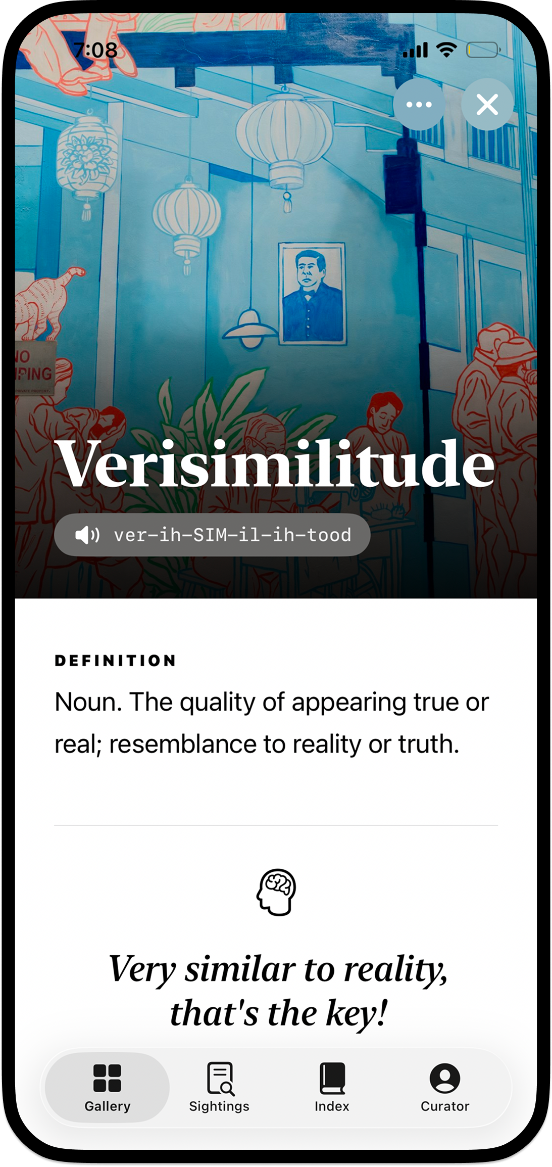 An expanded Lexicon card for the word Verisimilitude — a vibrant illustrated mural in the background with the serif word and pronunciation pill, a structured Definition section below, and a memory hook reading 'Very similar to reality, that's the key!'