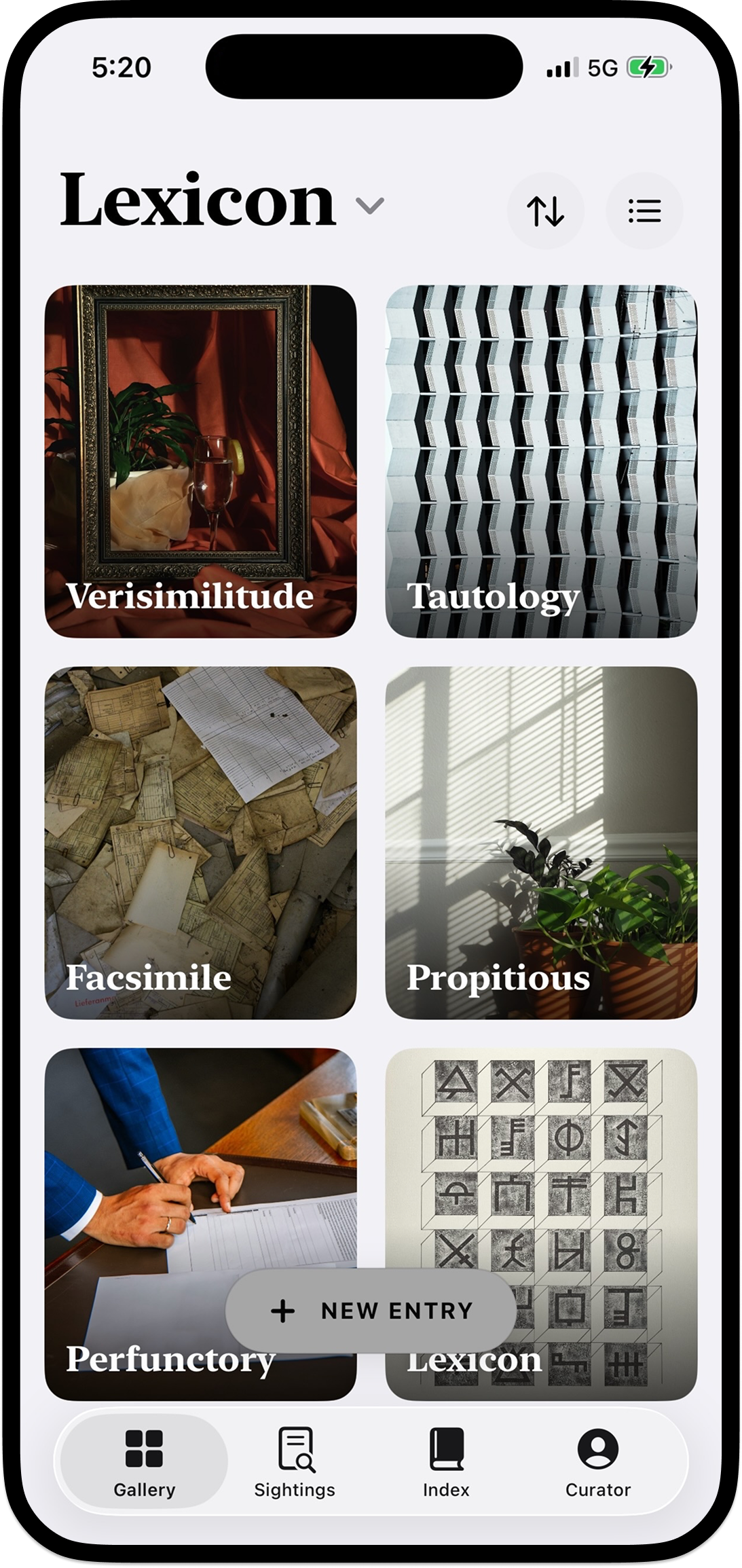 The Gallery tab showing a 2x3 grid of word cards — Verisimilitude, Tautology, Facsimile, Propitious, Perfunctory, Lexicon — each over a striking photograph.