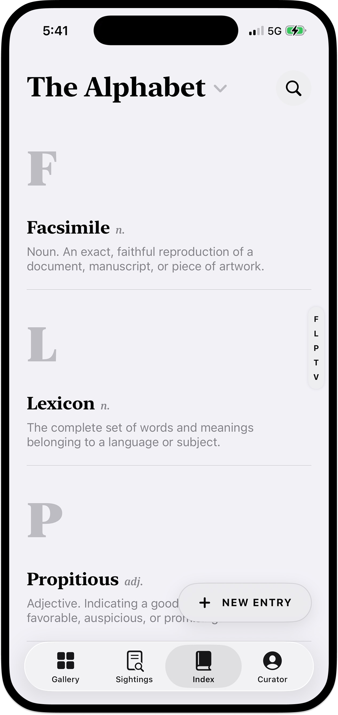 The Index tab titled 'The Alphabet' showing entries grouped by letter — F (Facsimile), L (Lexicon), P (Propitious) — each with its short definition. A vertical alphabet scrubber sits on the right edge.