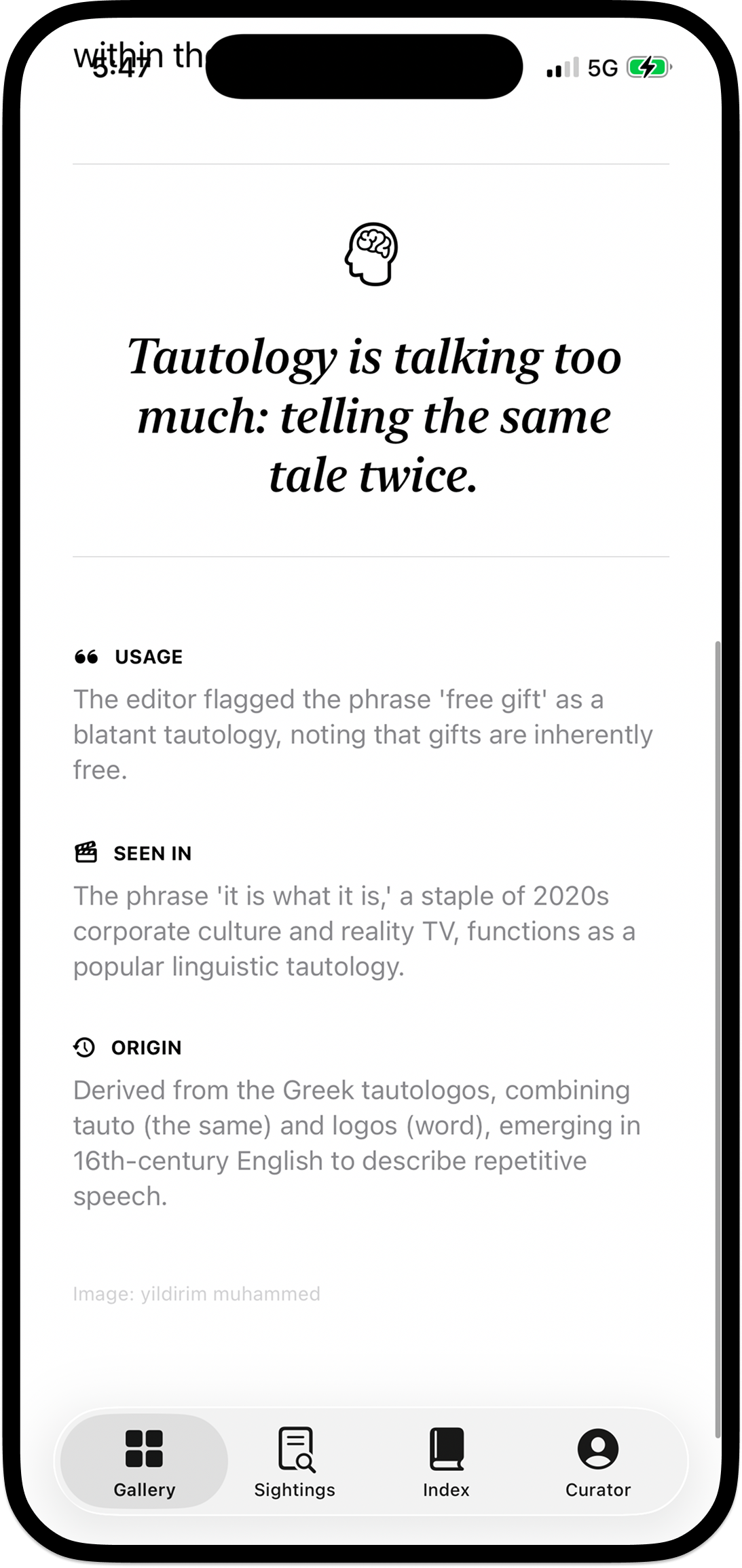 An expanded Tautology card showing the italic serif memory hook 'Tautology is talking too much: telling the same tale twice.' above structured fields for Usage, Seen In, and Origin.