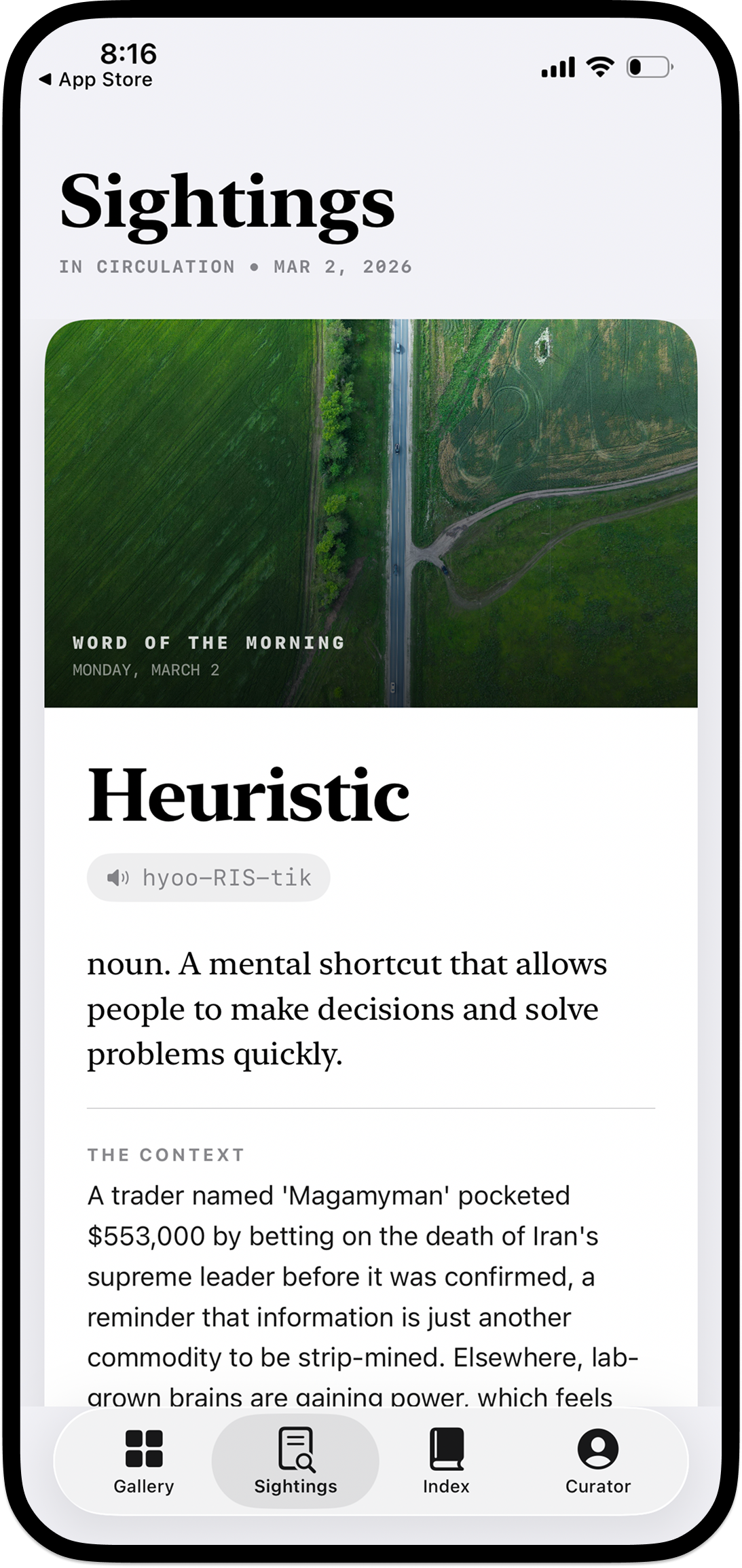The Sightings hero card — a Sightings header with 'IN CIRCULATION · FEB 19, 2026' subtitle, a high-contrast photograph of a sunlit textured wall, then the word 'Truing' set in serif type with its pronunciation 'TROO-ing', a definition, and a 'THE CONTEXT' section below.